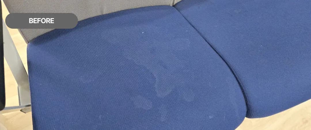 공용 의자 세척 전 — 얼룩진 파란 패브릭 좌판